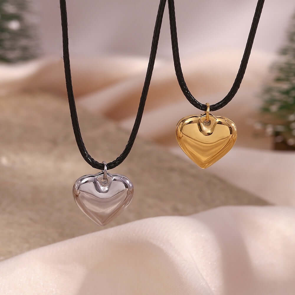 Heart Black Cord Necklace Silver & Gold