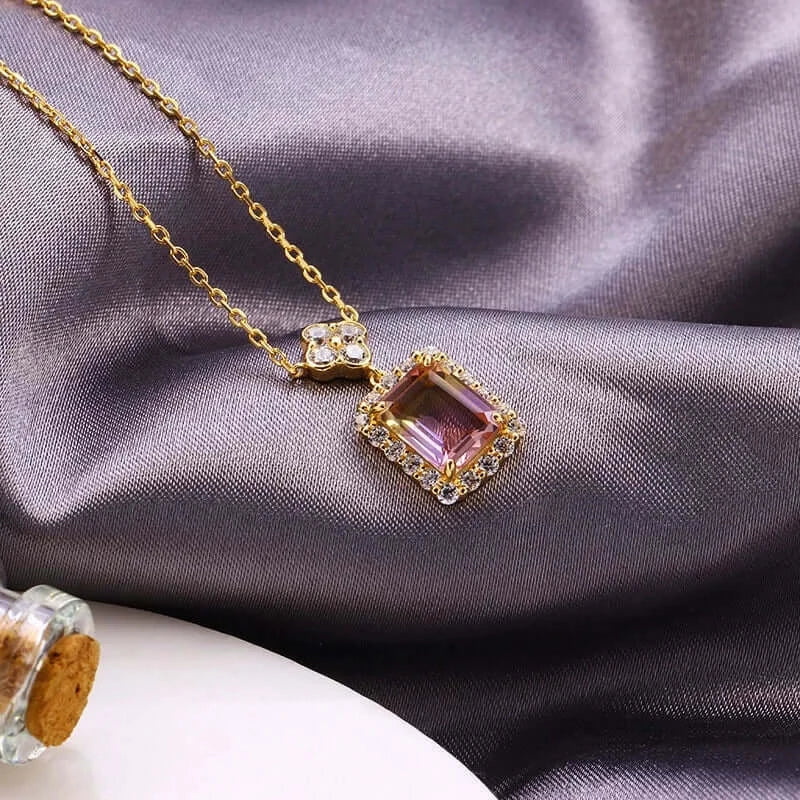 Silver Gold Natural Ametrine CZ Pendant Necklace