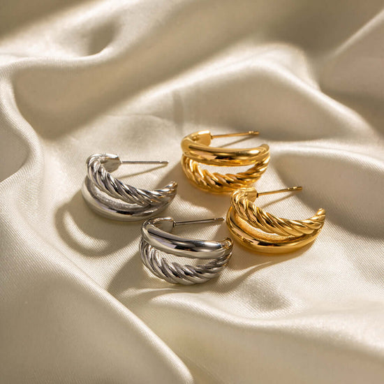 18K Gold Plated Irregular Earrings, Irregular Double Layer Earrings | JDE31118K Gold Plated Layered Twisted C Hoop Earrings