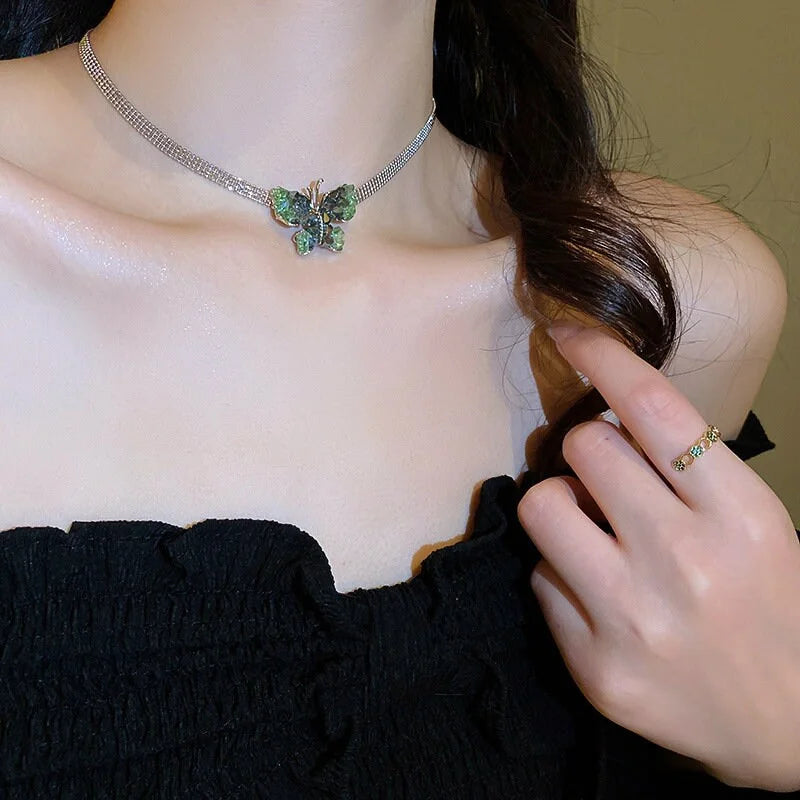 Silver Green Crystal Butterfly Necklace