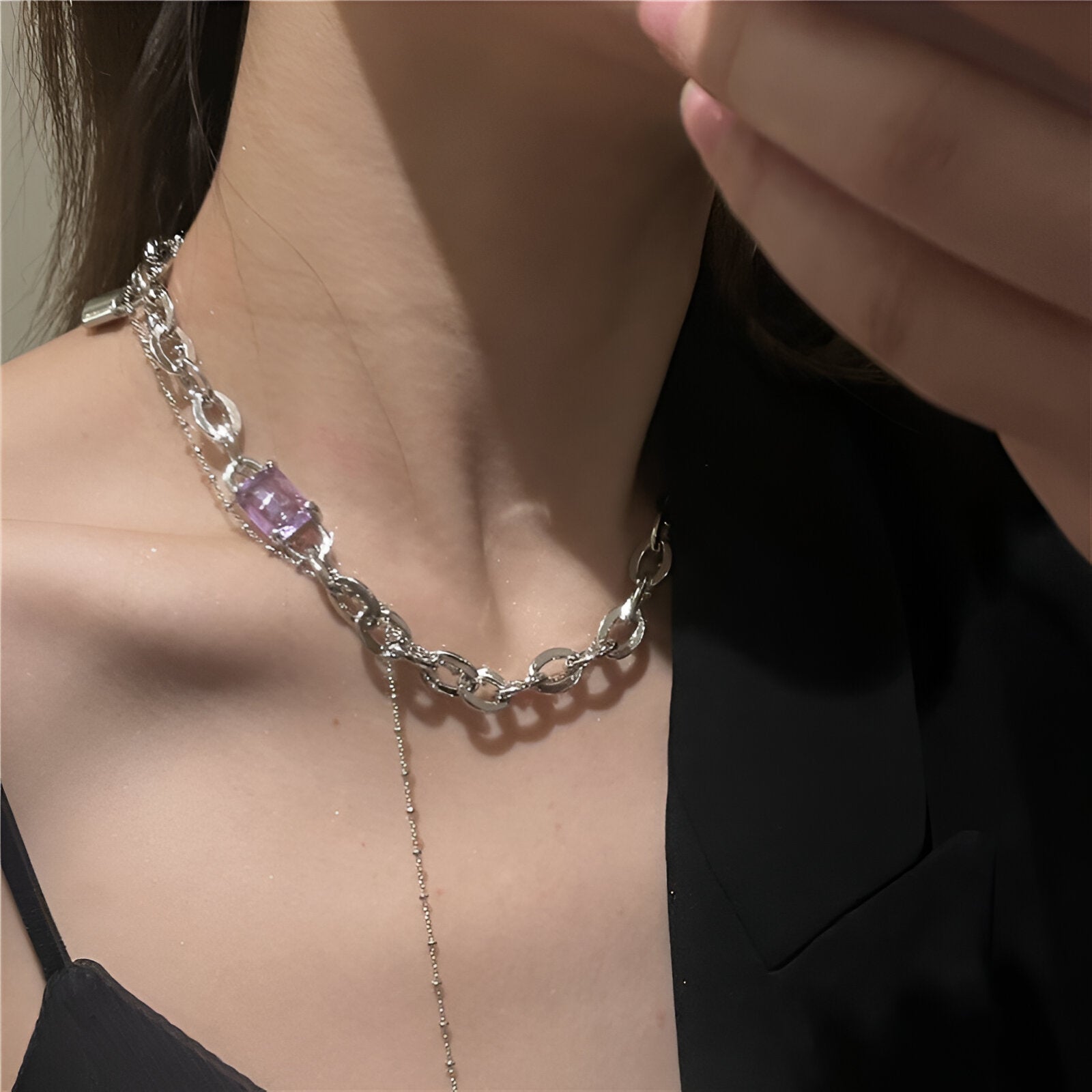 Silver Lock Crystal Chain Necklace