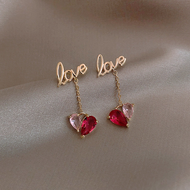 Silver Love Pink Heart Dangle Earrings