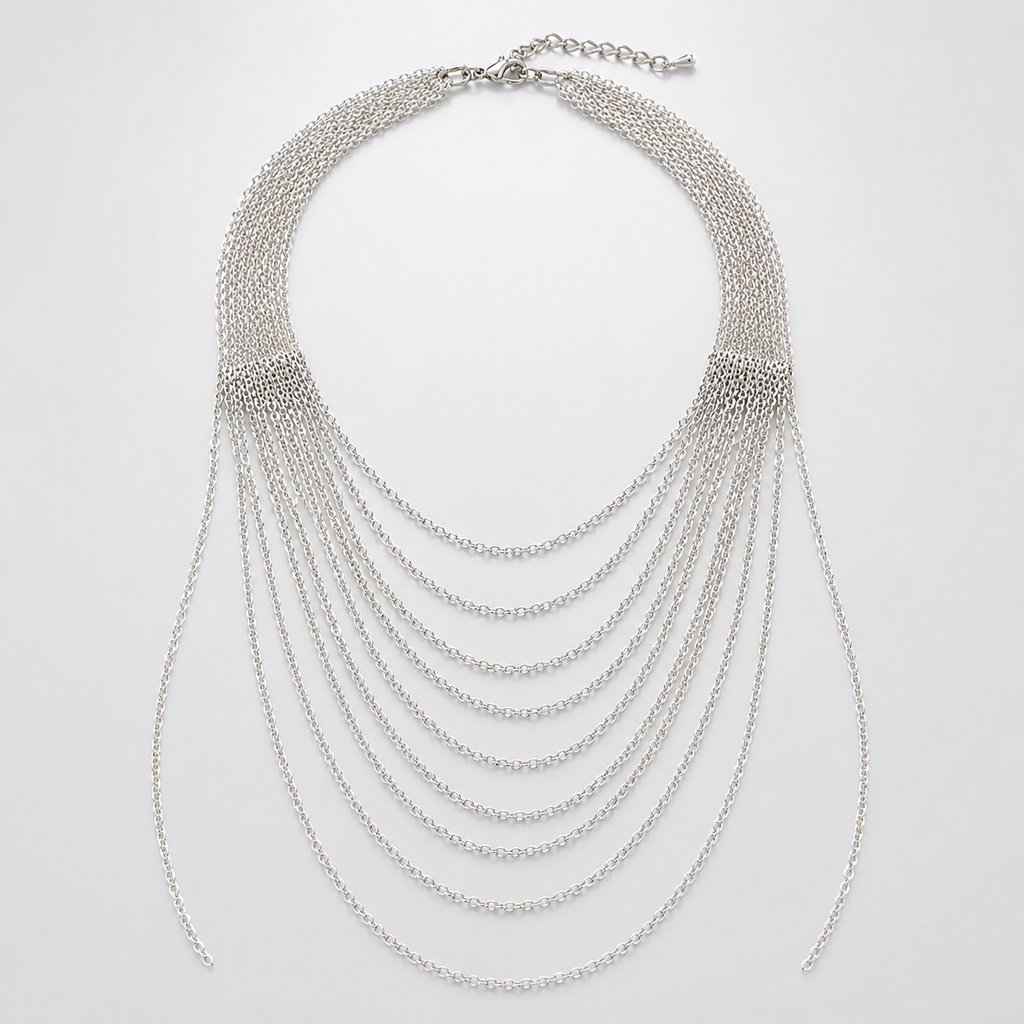 Silver Multi Strand Tassel Chain Necklace