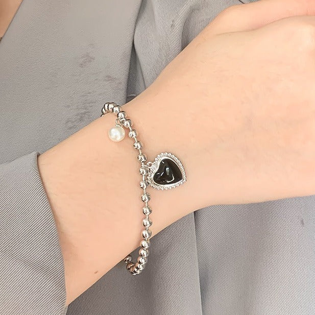 Silver Pearl Bead Black Heart Bracelets