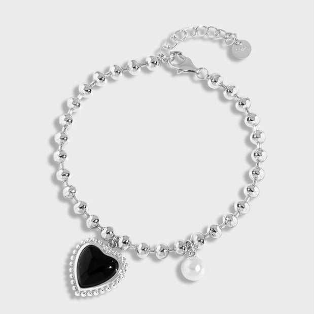 Silver Pearl Black Heart Bead Bracelets