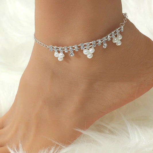 Silver Pearl Bling Anklet