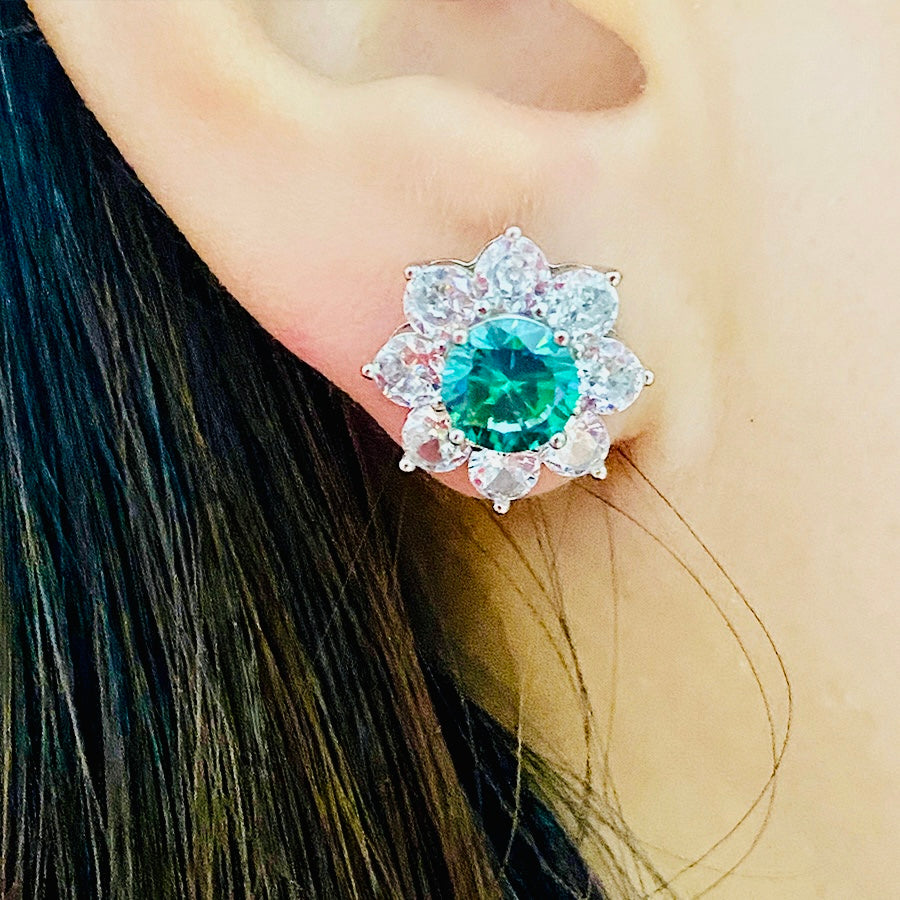 Silver Platinum Emerald Flower Earrings