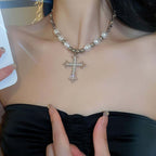 Chunky Cross Necklace, Silver Pearl Bead Necklace, Punk Necklace