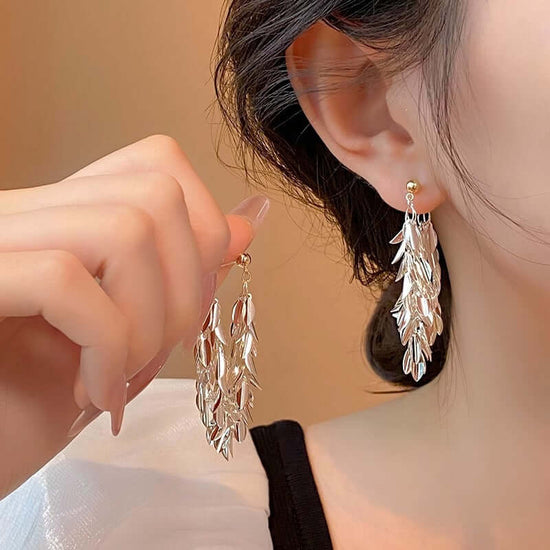 Silver Sequin Tassel Leaf Earrings