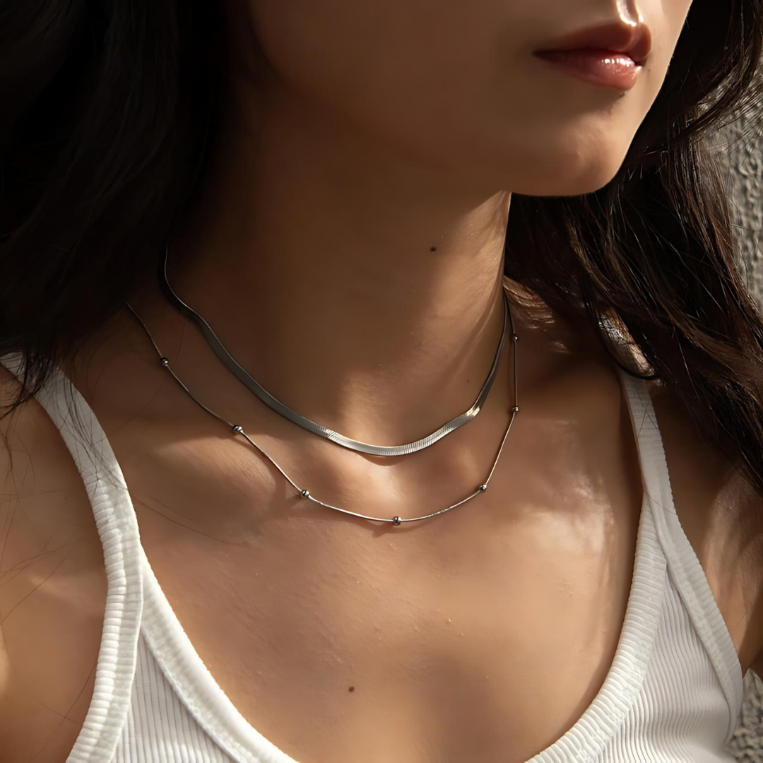 18K Gold Herringbone Chain Choker Necklace Layered