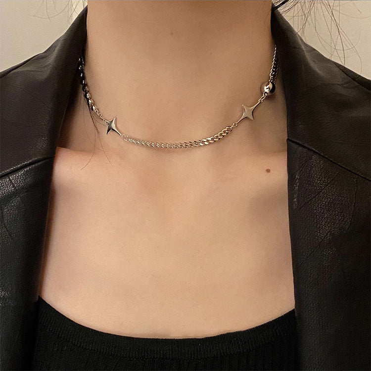 Silver Star Bead Curb Chain Necklace