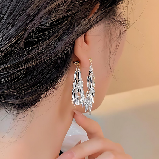 Silver Tassel Leaf Drop Earrings