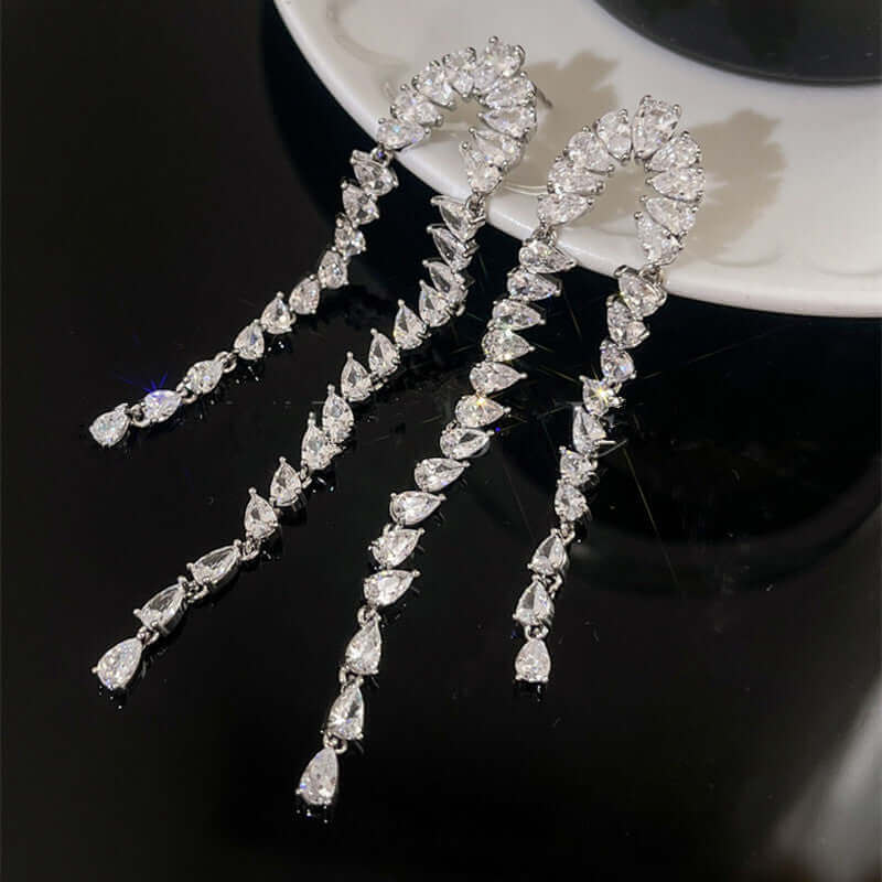Silver Teardrop Zircon Waterfall Earrings