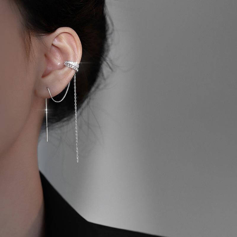 Silver Tassel Two Hole Link Chain Ear Cuff Earrings