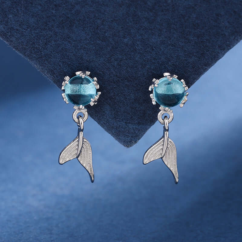 Silver Whale Tail Blue Ocean Earrings