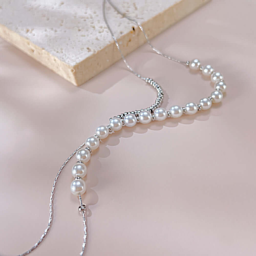 Silver Ưhite Pearl Beads Layering Necklace