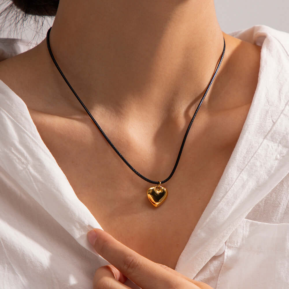 Gold Heart Pendant Black Necklace