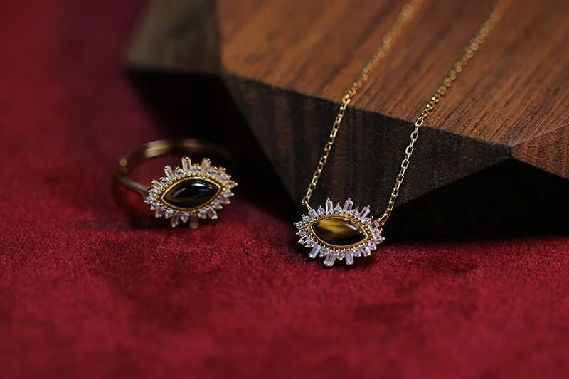 Sterling Silver Tiger Eye Crystal Ring Necklace