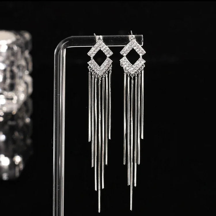 Sterling Silver Rhombus Diamond Tassel Earrings
