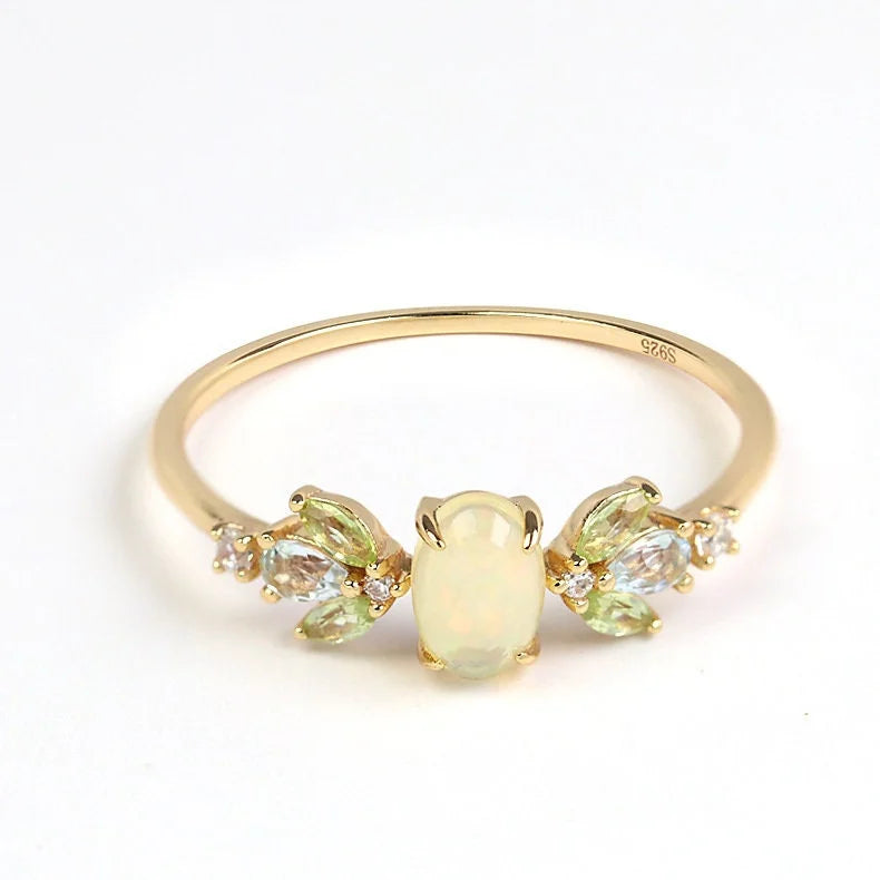 Natural Peridot Oval Ring, Blue Topaz CZ Ring, Leo Birthday Gifts