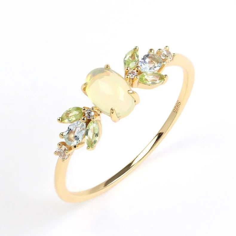 Natural Peridot Oval Ring, Blue Topaz CZ Ring, Leo Birthday Gifts