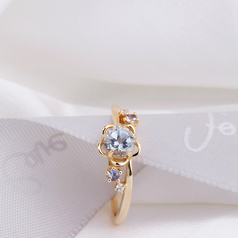 Swiss Blue Topaz Flower Ring, Tanzanite Ring, Flower Birthstone Ring