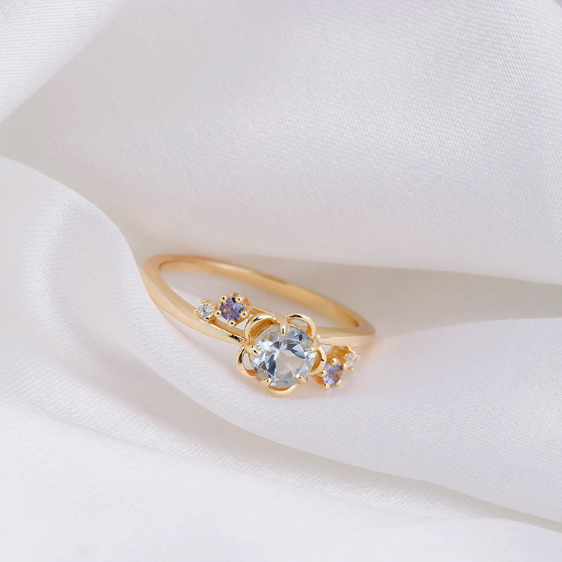 Swiss Blue Topaz Flower Ring, Tanzanite Ring, Flower Birthstone Ring