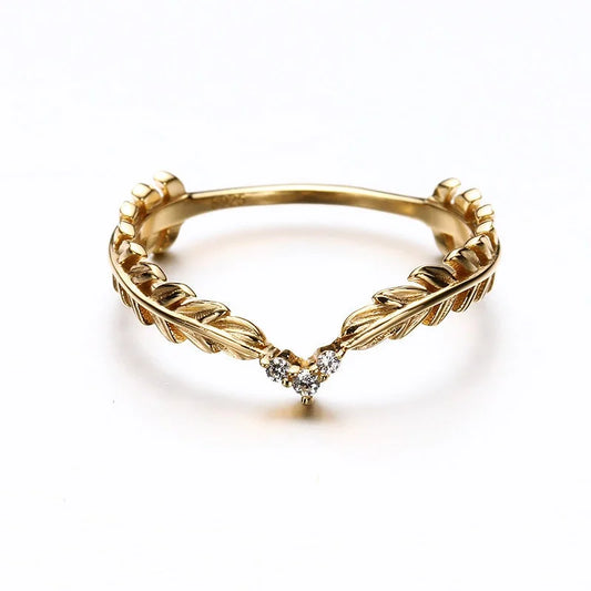 Dainty Gold Feather Ring, Zircon Stacking Ring, Stackable Ring
