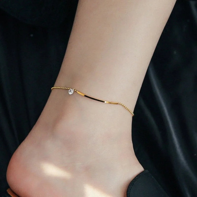 Simple Titanium Steel Rhinestone Anklet Bracelet 