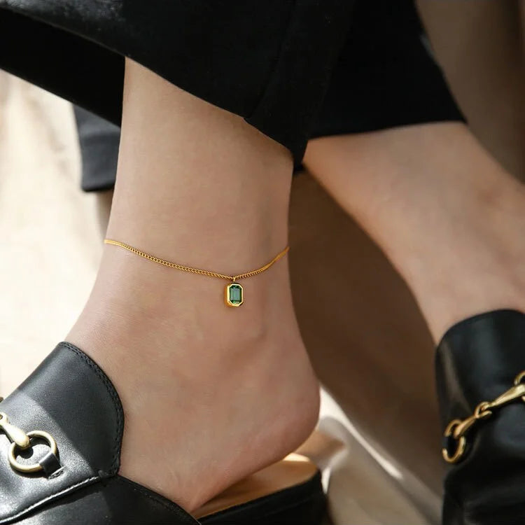 Vintage Titanium Green Crystal Waterproof Anklet Chain Bracelet