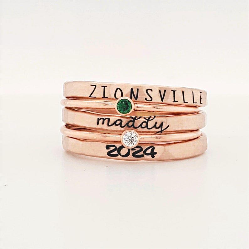 Personalized Birthstone Engraved Stacking Ring Set