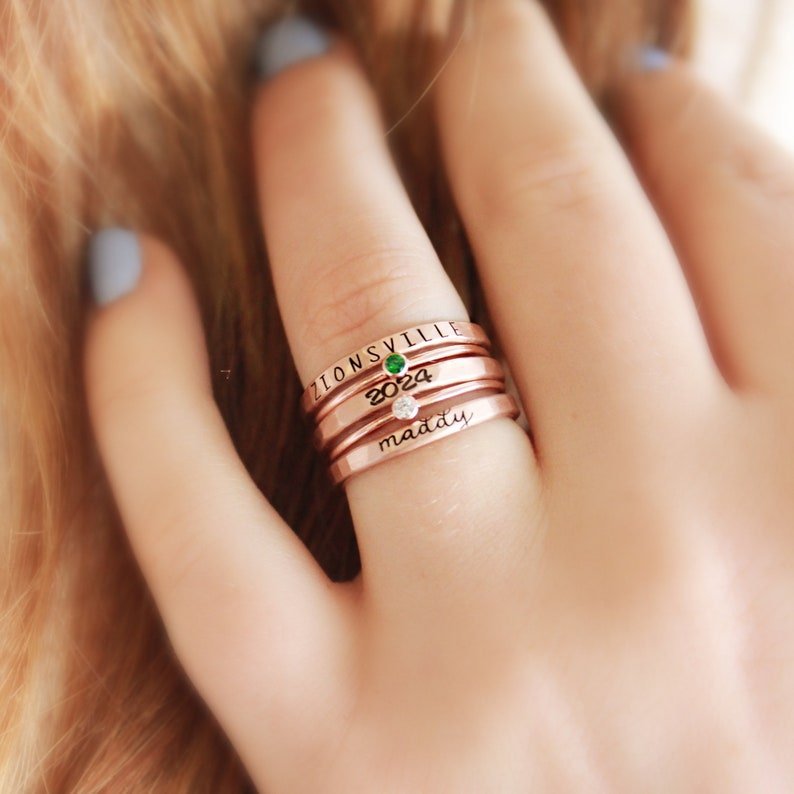 Personalized Birthstone Engraved Stacking Ring Set