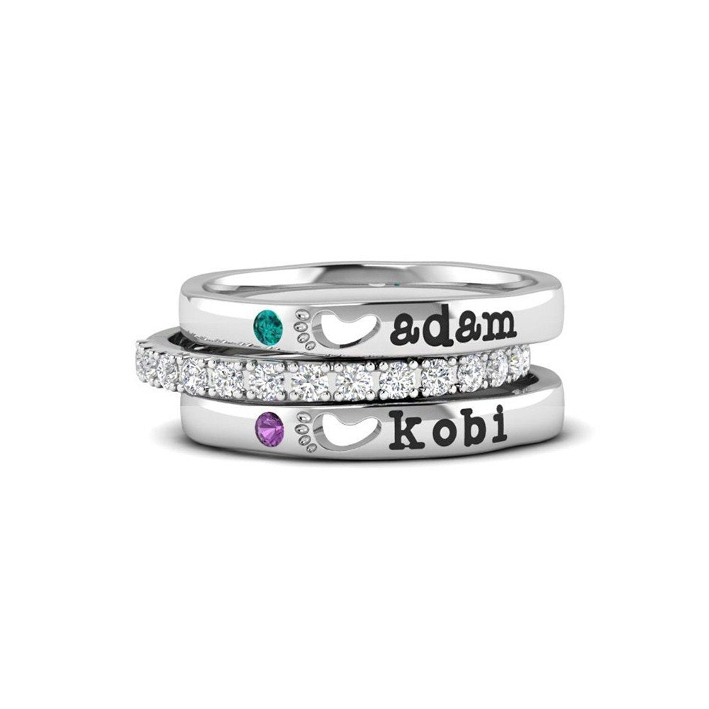 Foot Prints Custom Name Stacking Ring Birthstone Ring