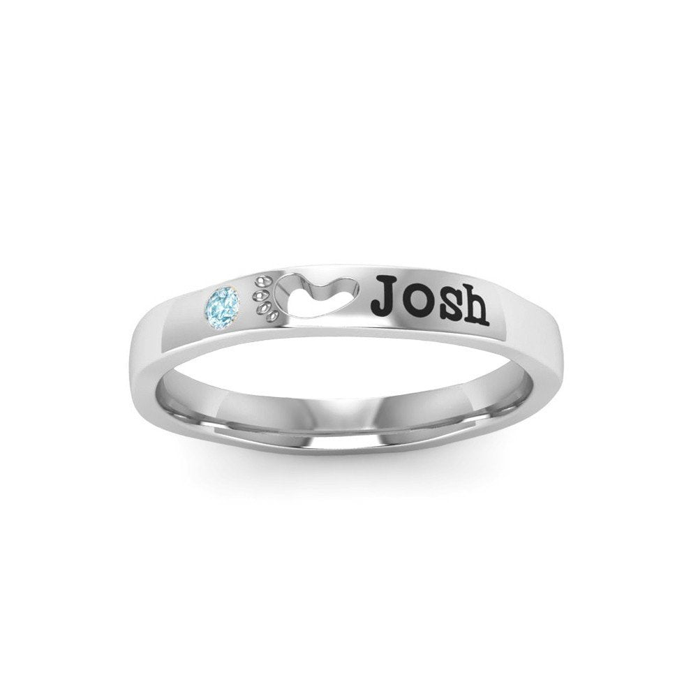 Foot Prints Custom Name Stacking Ring Birthstone Ring