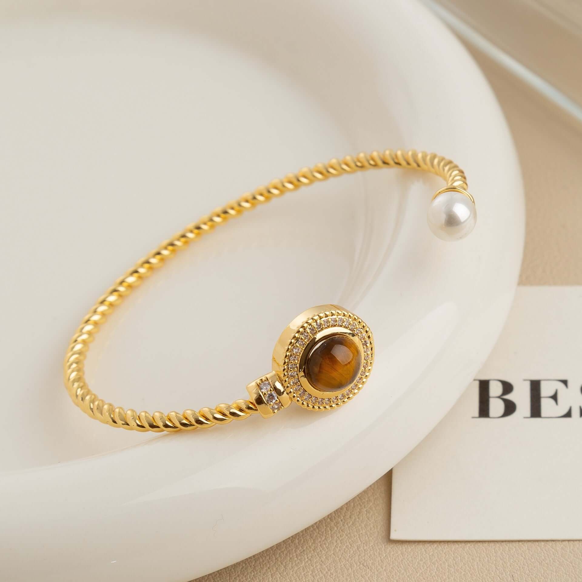 Tiger Eye Pearl Twist Cuff Bracelet