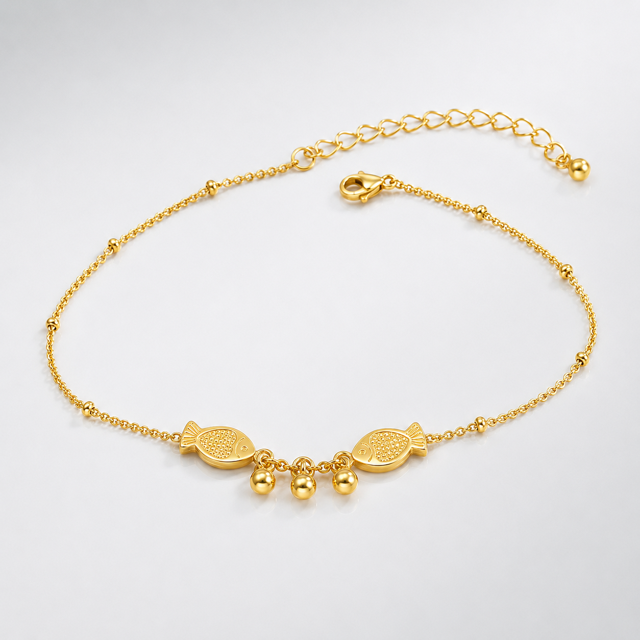 Titanium Gold Fish Charm Beaded Chain Anklet