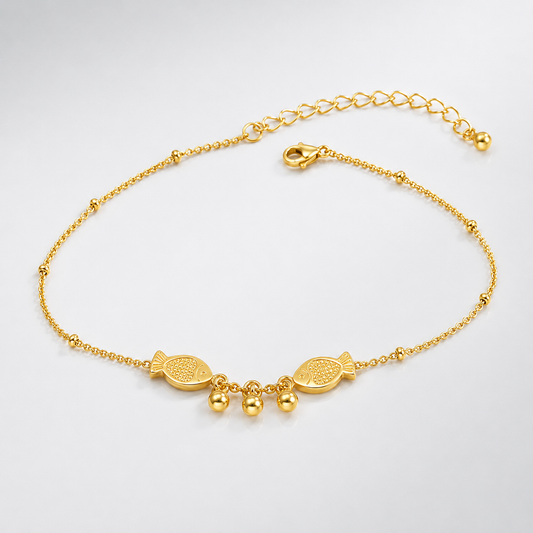 Titanium Gold Fish Charm Beaded Chain Anklet