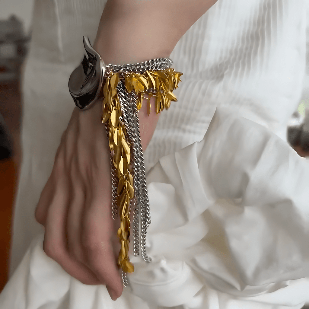 Exaggerate Metallic Two Tone Leaf Statement Bracelet