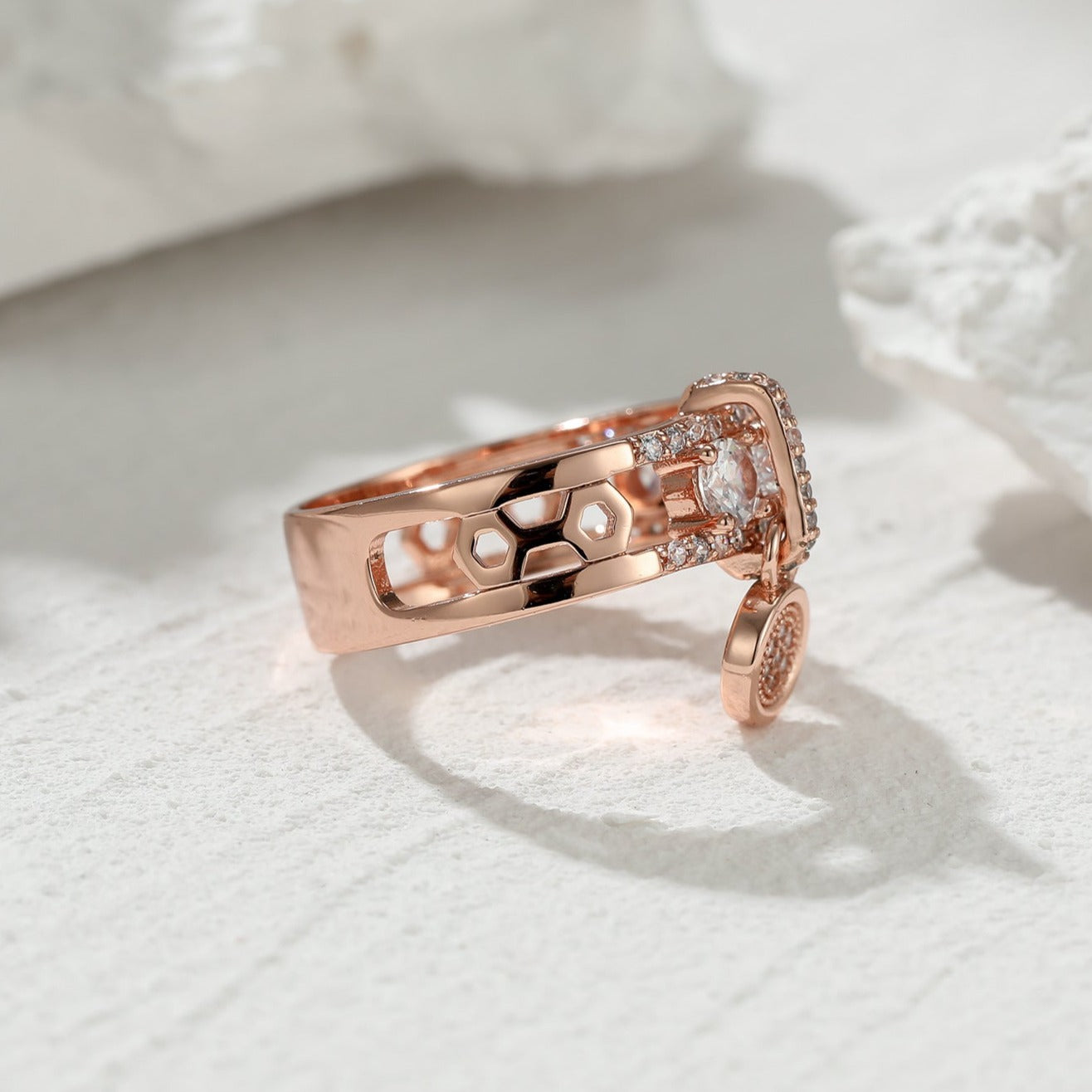 Chunky Dangle Charm Channel Thumb Ring Rose Gold