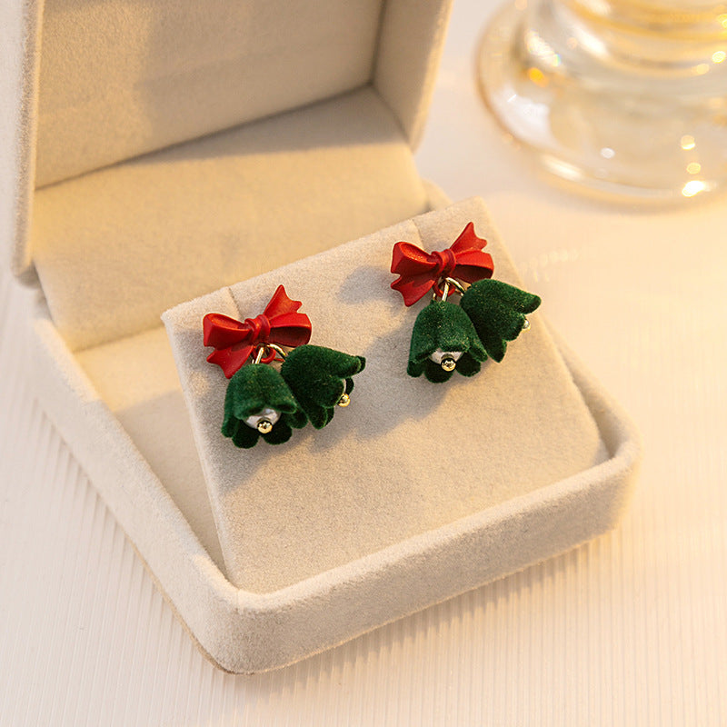 Velvet Jingle Bell Cute Bow Christmas Drop Earrings