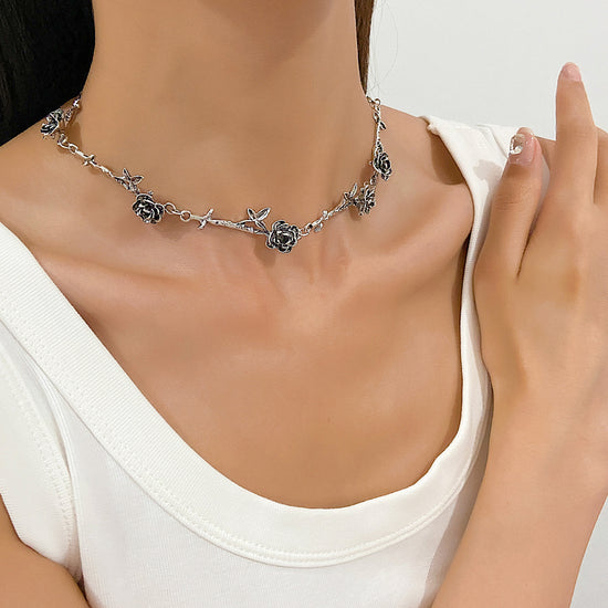 Bronze Silver Goth Rose Choker Necklace