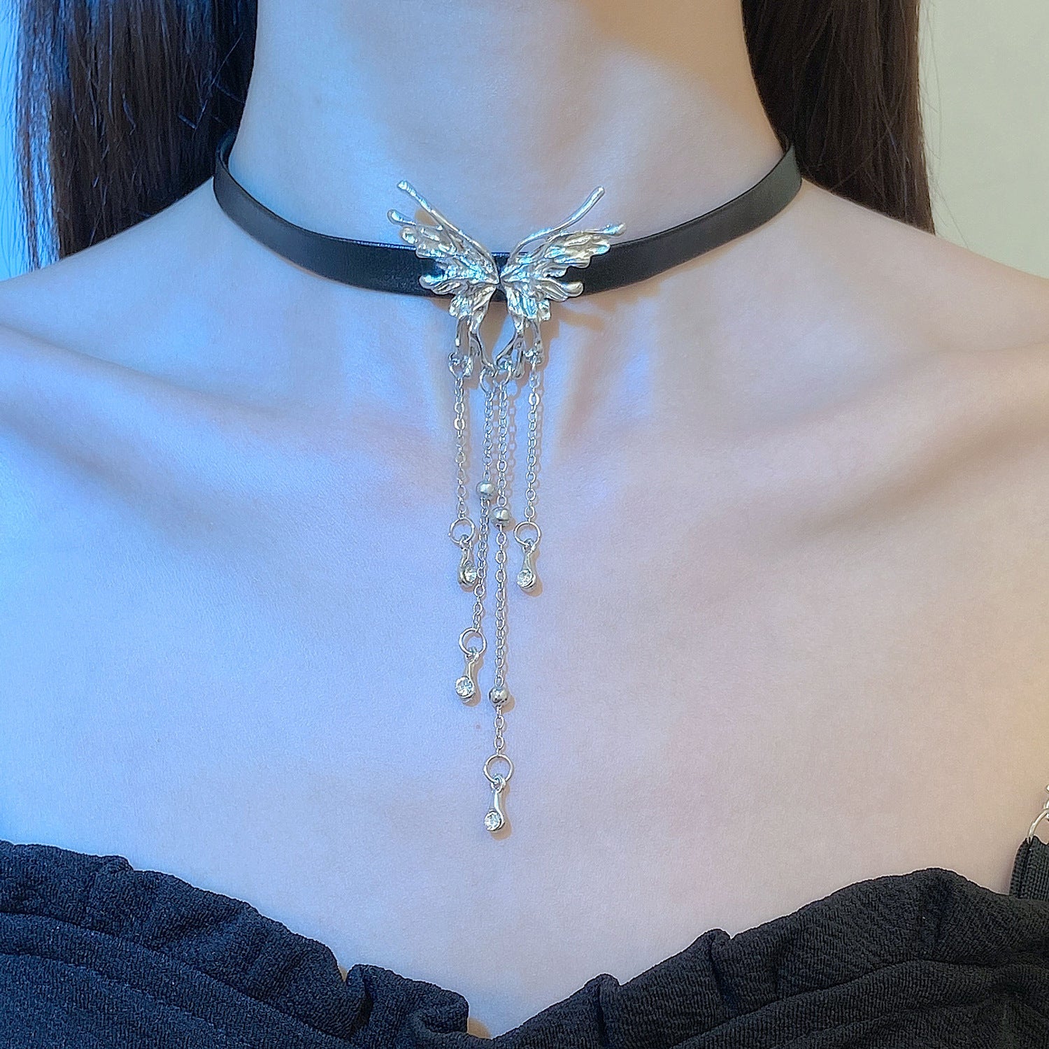 Black Leather Butterfly Tassel Choker Necklace 