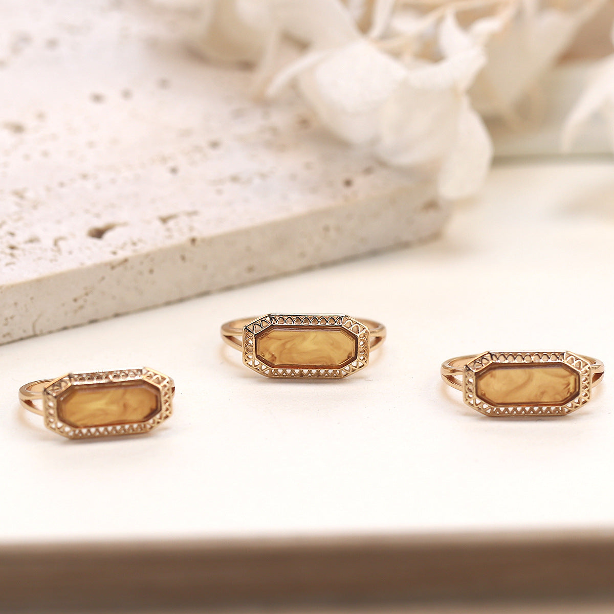 Vintage Baguette Lab-Created Baltic Amber Rings