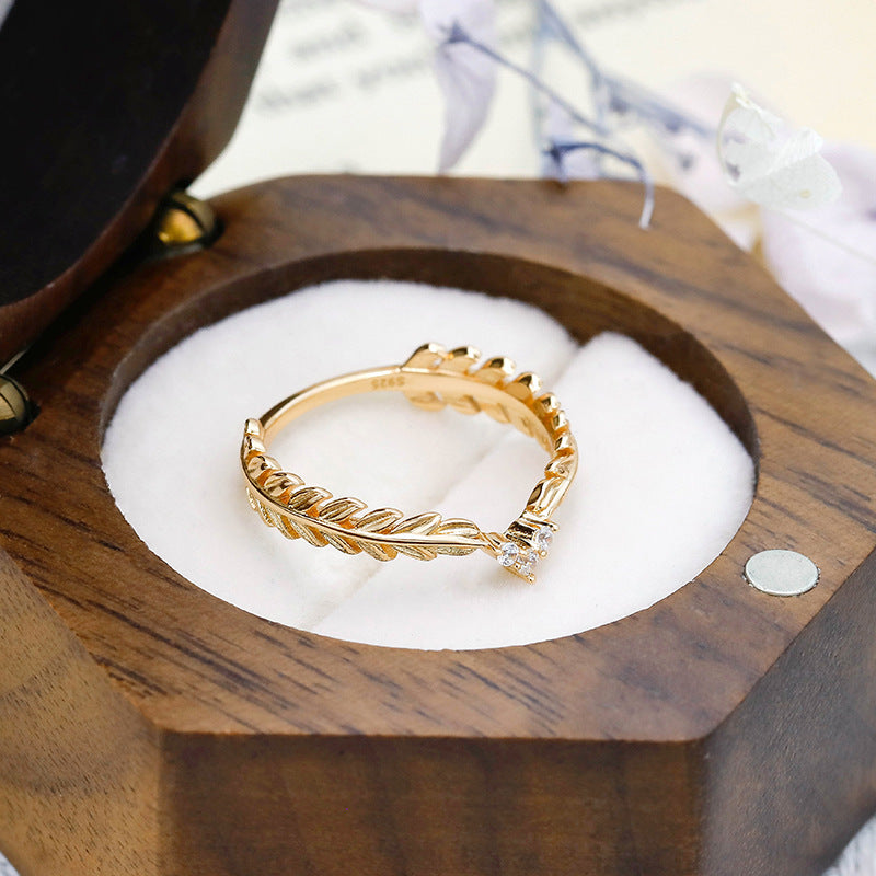 Dainty Gold Zircon Feather Leaf Ring