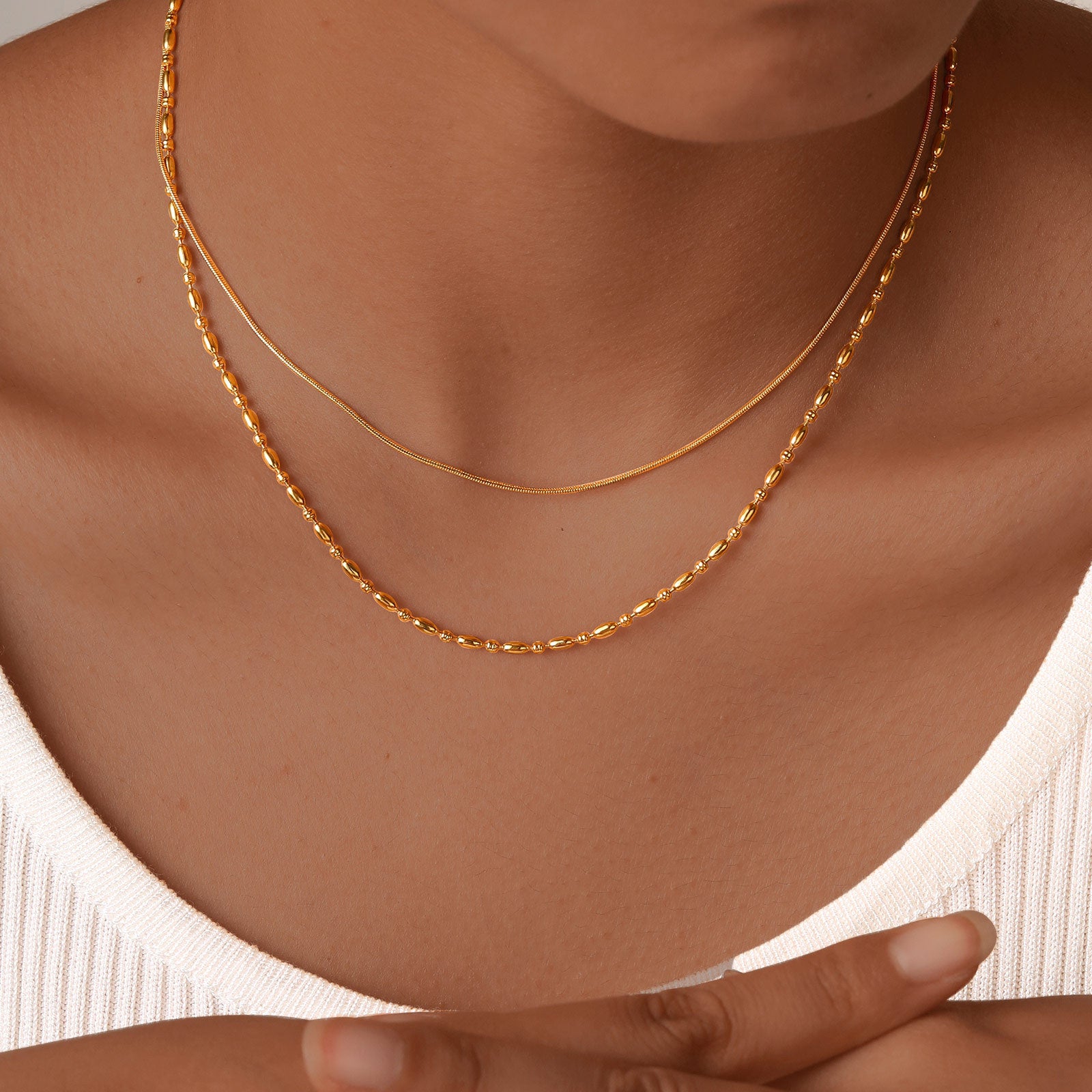 18K Gold Plated Minimal Rice Beads Necklace and Bracelet Set