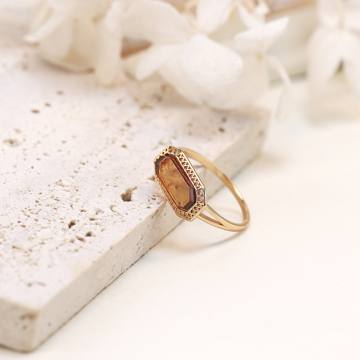 Vintage Baguette Lab-Created Baltic Amber Rings