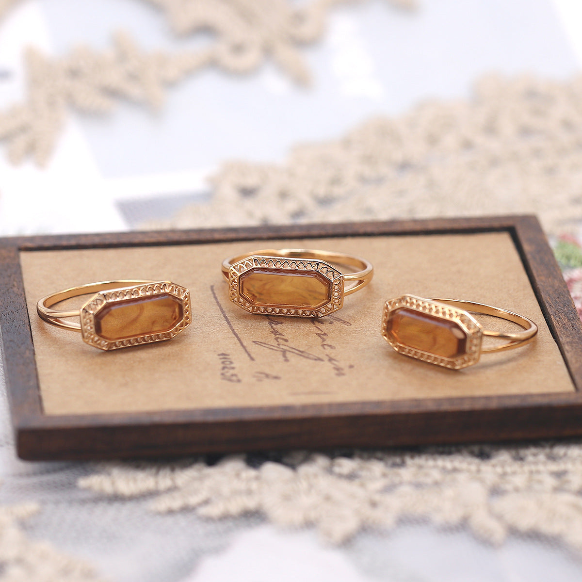 Vintage Baguette Lab-Created Baltic Amber Rings