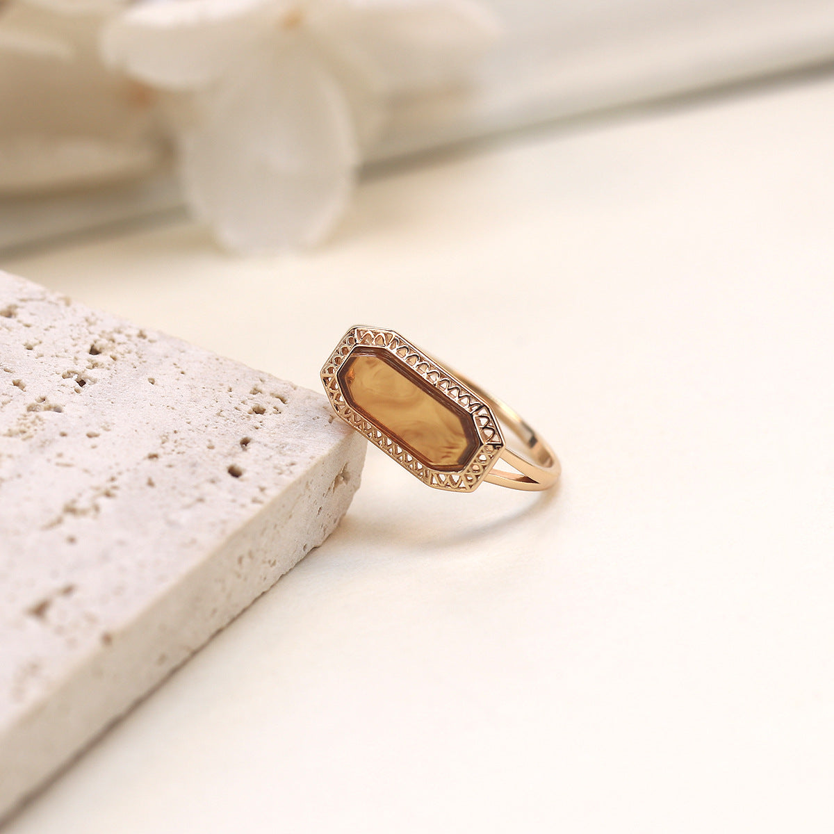 Vintage Baguette Lab-Created Baltic Amber Rings