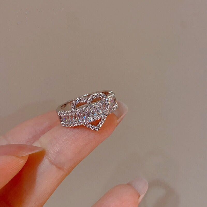 Wide Band Zircon Silver Heart Ring