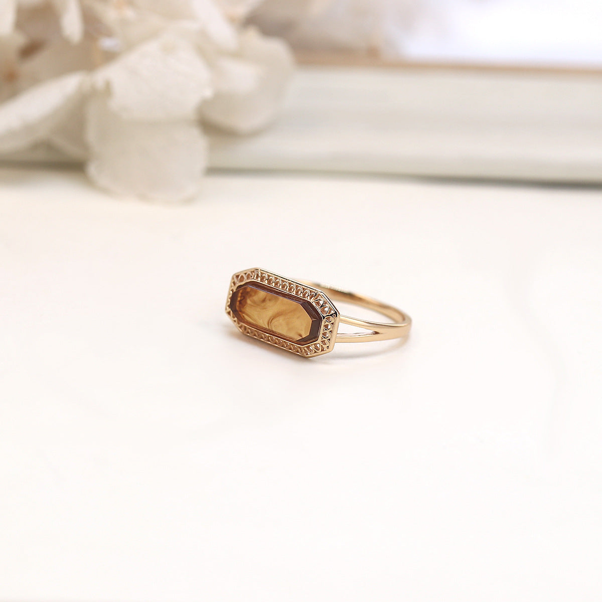 Vintage Baguette Lab-Created Baltic Amber Rings